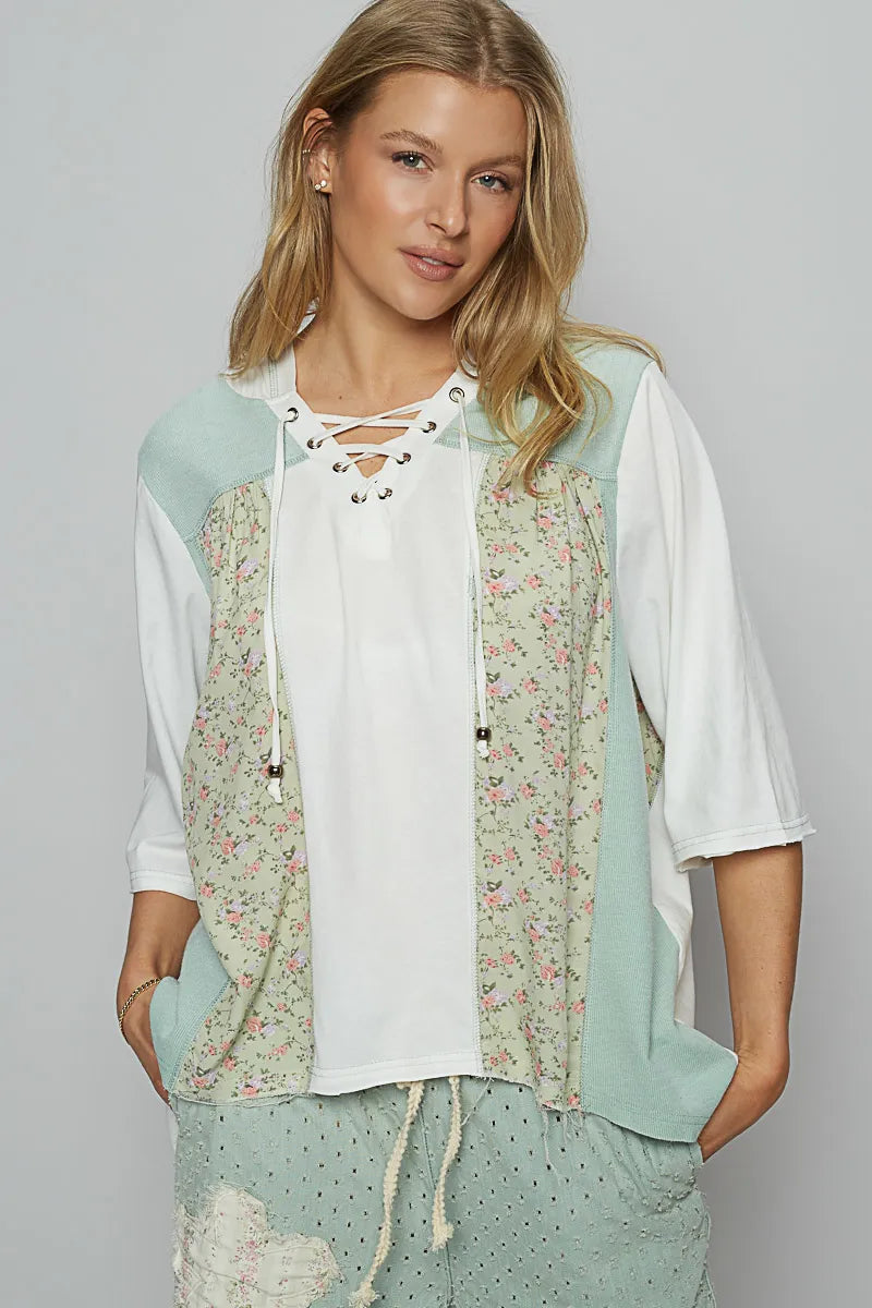 Trendsi POL Lace-Up Hooded T-Shirt with Paisley Panel Detail Light Green