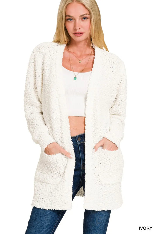 Zenana Long Sleeve Popcorn Sweater Cardigan with Pockets IVORY Easy Apparels