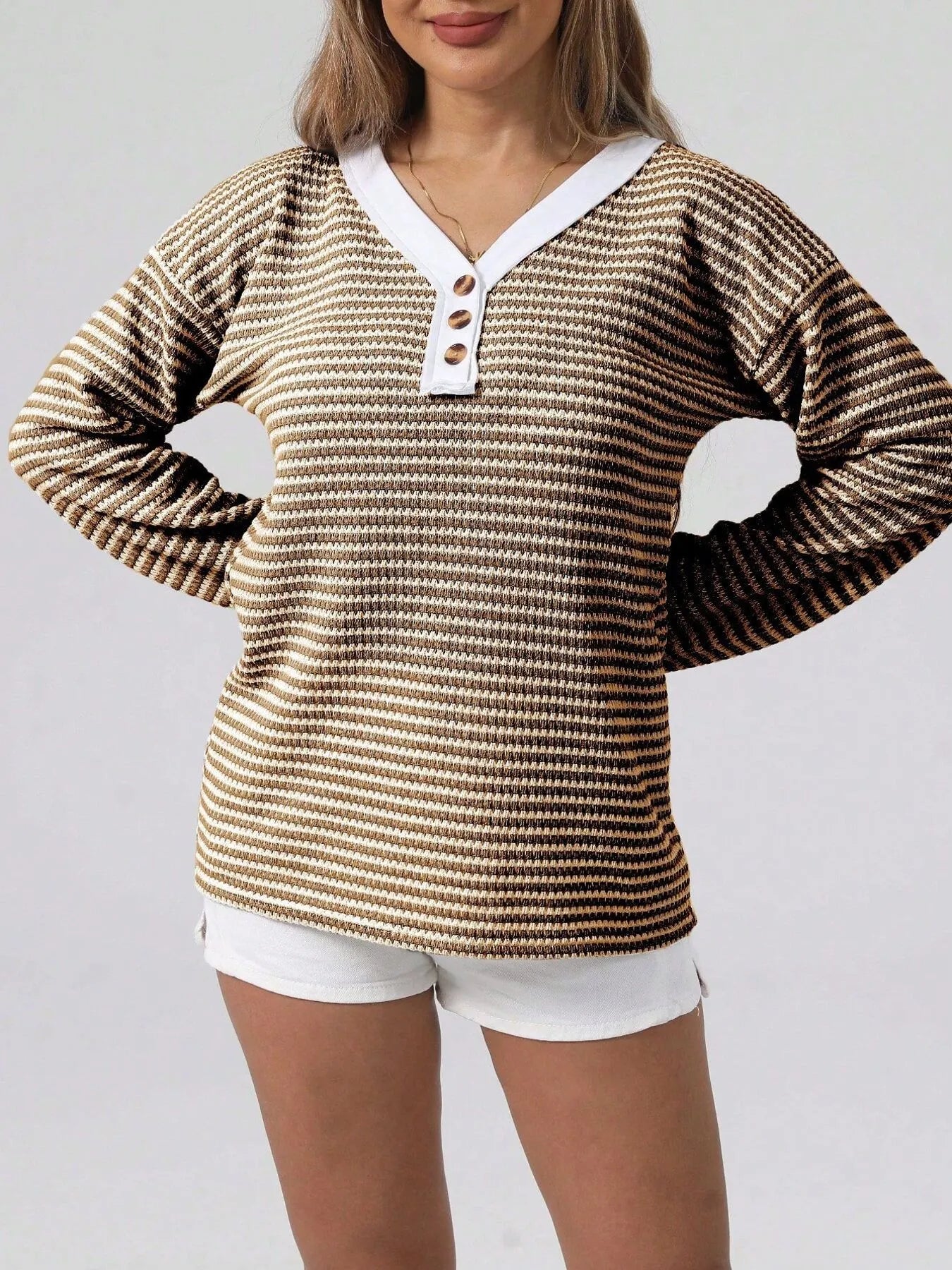 Trendsi Striped Button Detail Long Sleeve Top Coffee Brown