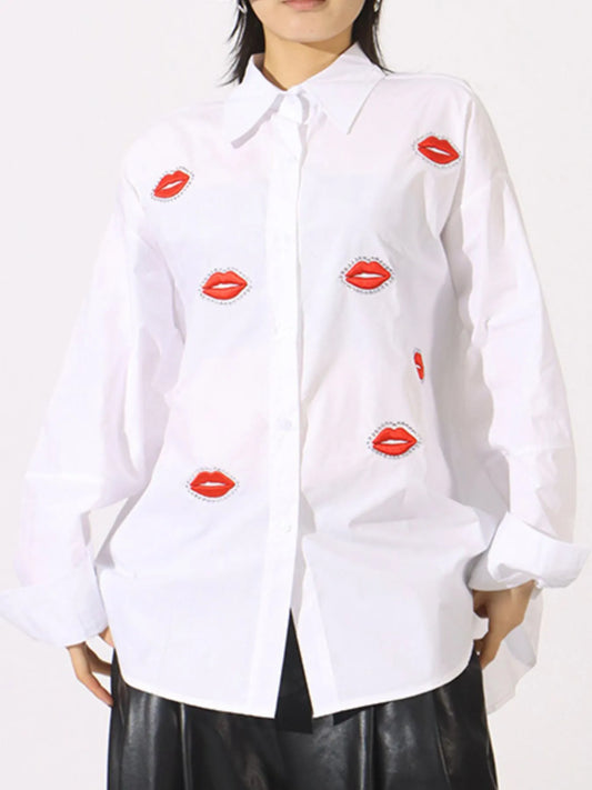 Trendsi Lips Button Up Long Sleeve Shirt White One size fits all