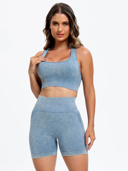 Scoop Neck Wide Strap Top and Shorts Active Set Light Blue Easy Apparels