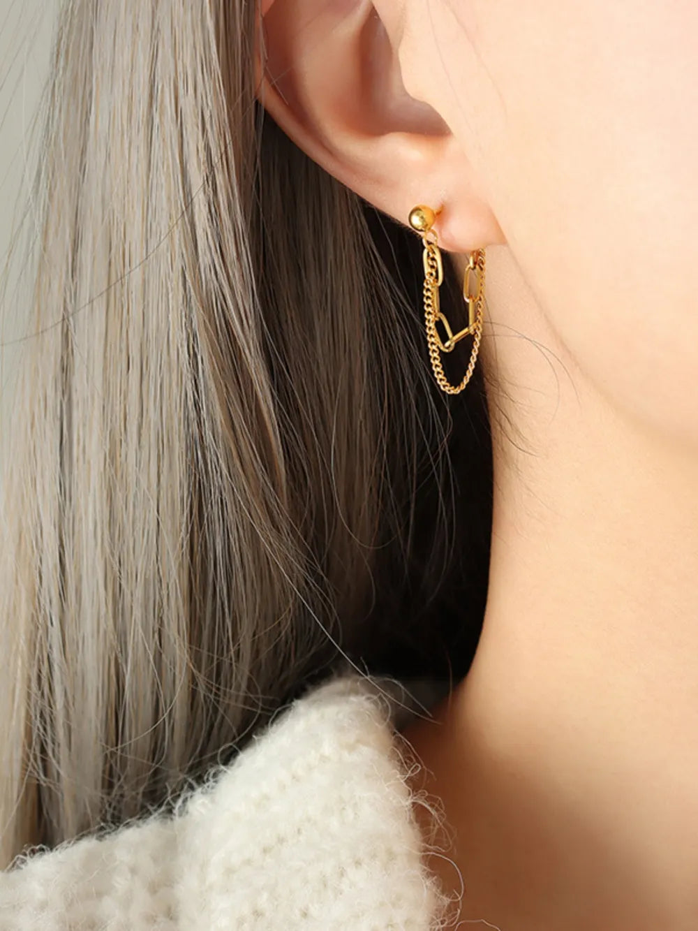 Titanium Steel Double Chain Earrings Gold One Size Easy Apparels