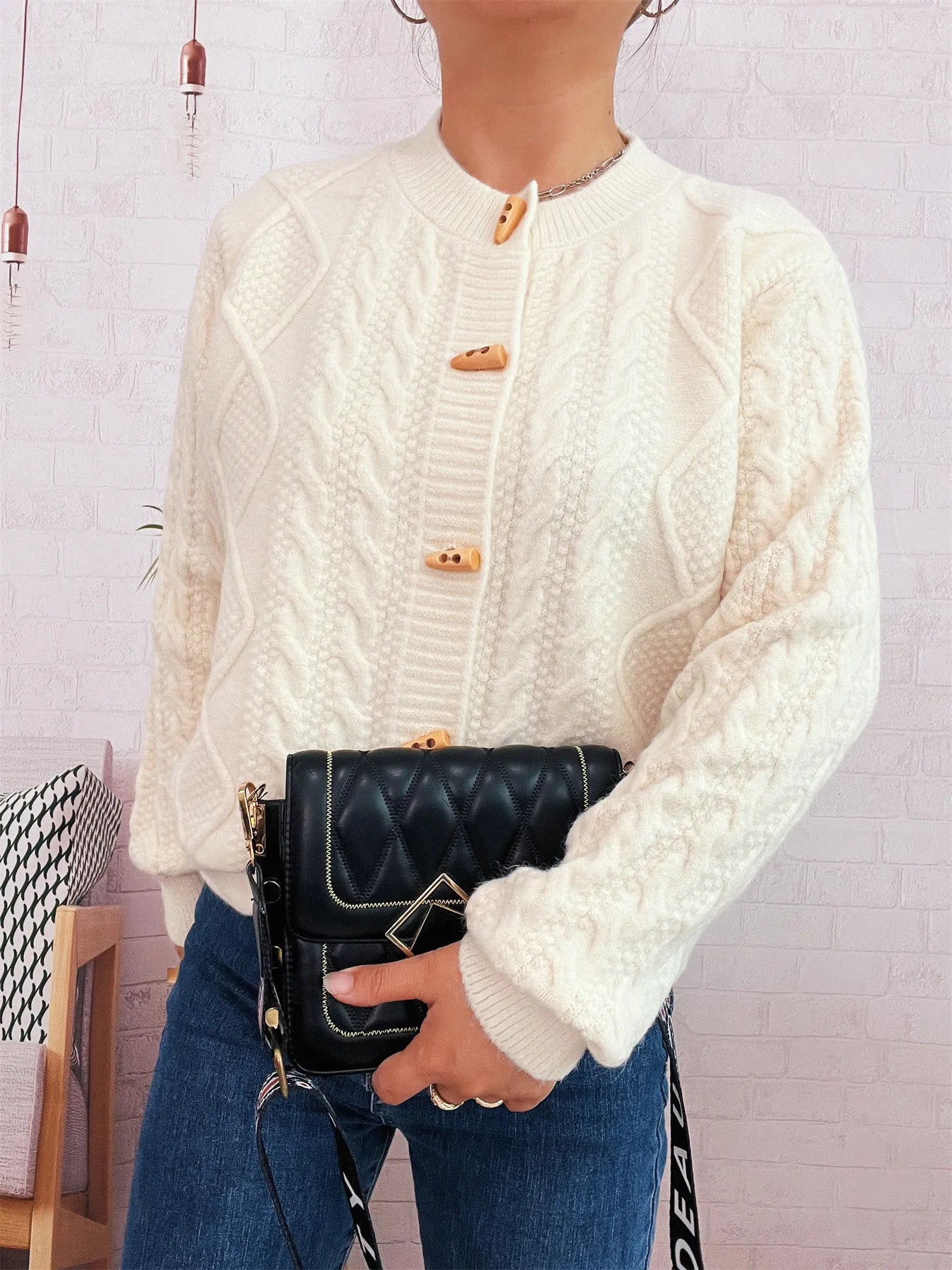 Cable Knit Button-Up Cardigan Easy Apparels