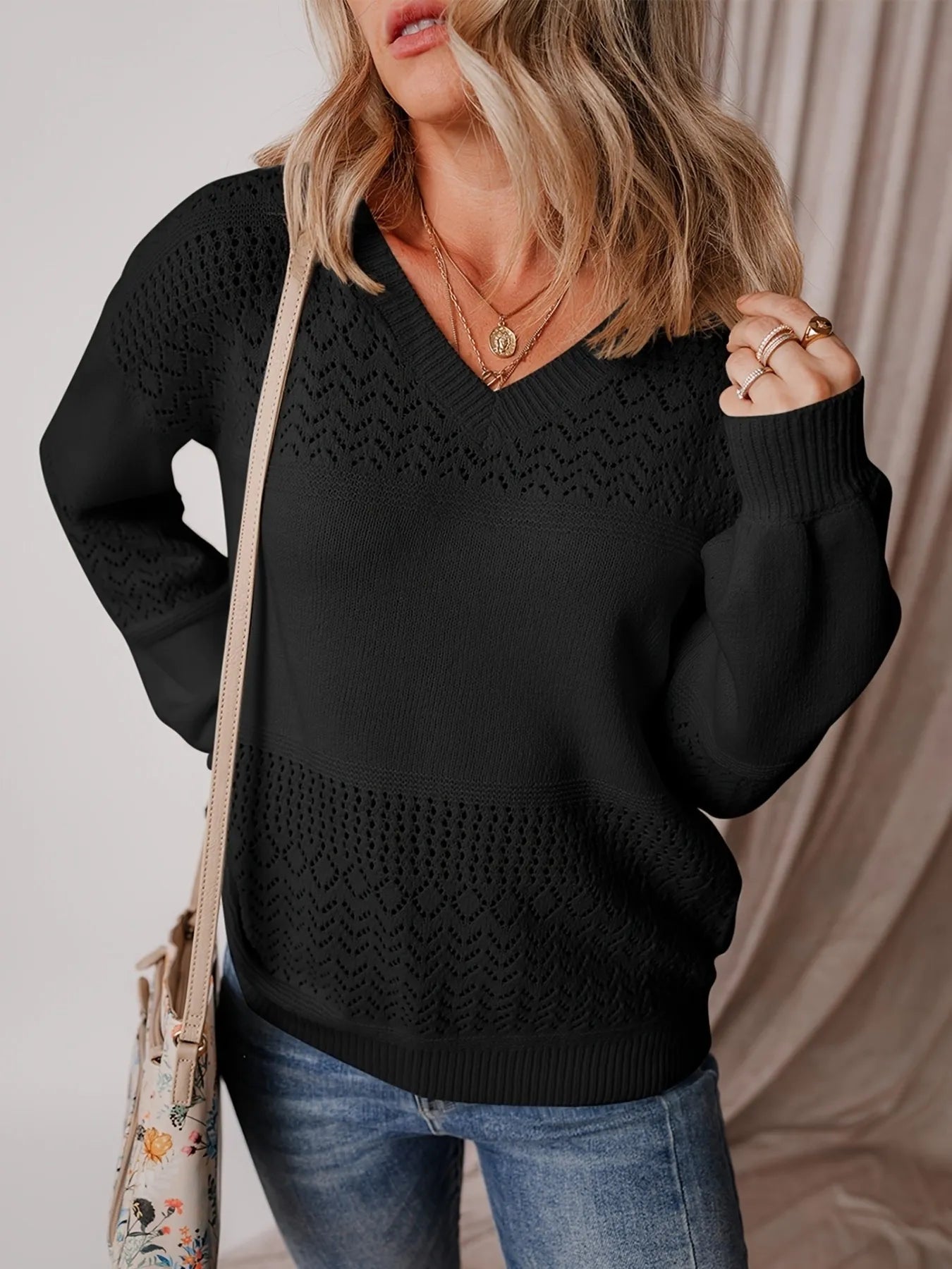 Trendsi Eyelet Deatil V-Neck Long Sleeve Sweater