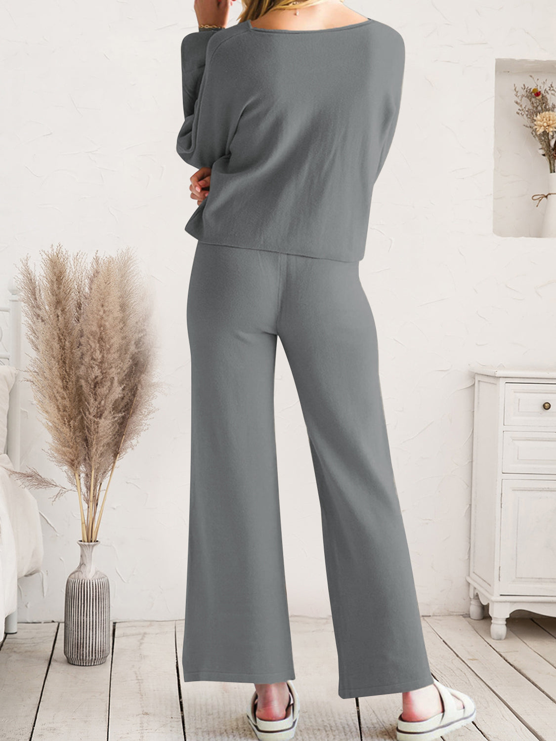 Long Sleeve Lounge Top and Drawstring Pants Set Easy Apparels