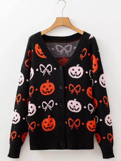 Halloween Pumpkin Pattern Button-Up Cardigan Easy Apparels