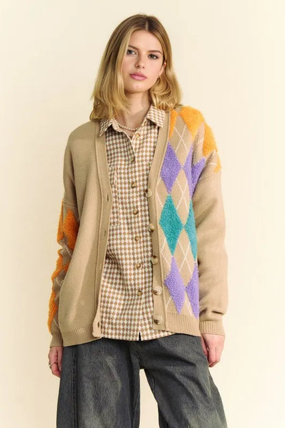 Davi & Dani Argyle V-Neck Dropped Shoulder Cardigan Tan Easy Apparels