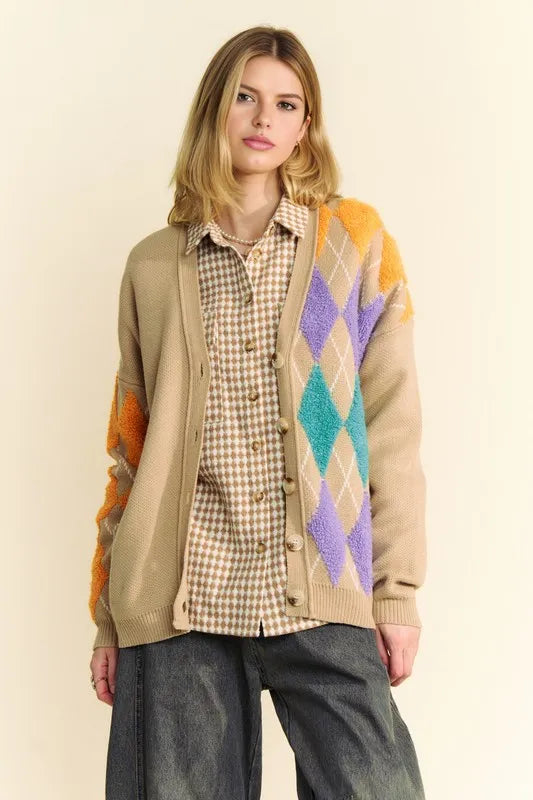 Davi & Dani Argyle V-Neck Dropped Shoulder Cardigan Tan Easy Apparels