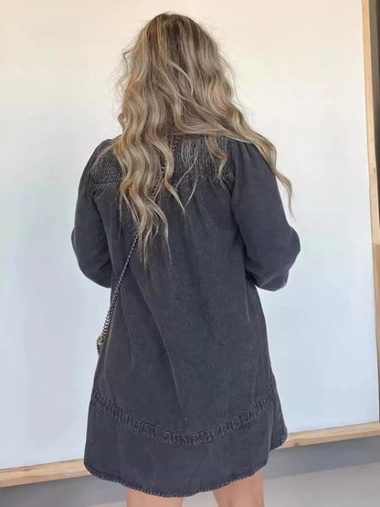 Full Size Button Front Long Sleeve Denim Dress Plus Size Easy Apparels