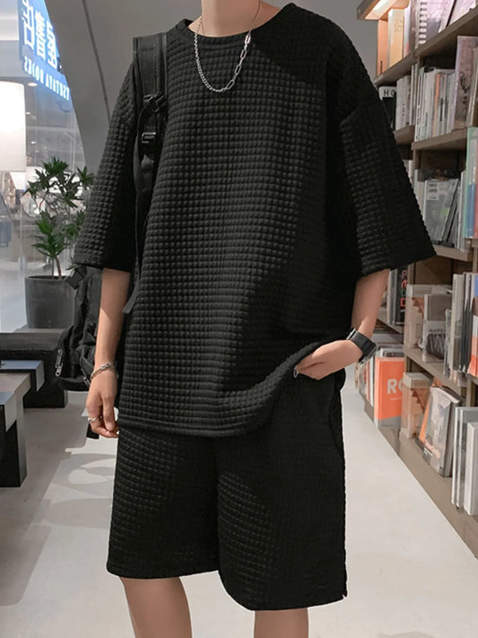 Men's Textured Short Sleeve T-Shirt and Shorts Set Black Easy Apparels