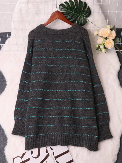 Striped Button-Up Cardigan with V-Neck Design Easy Apparels