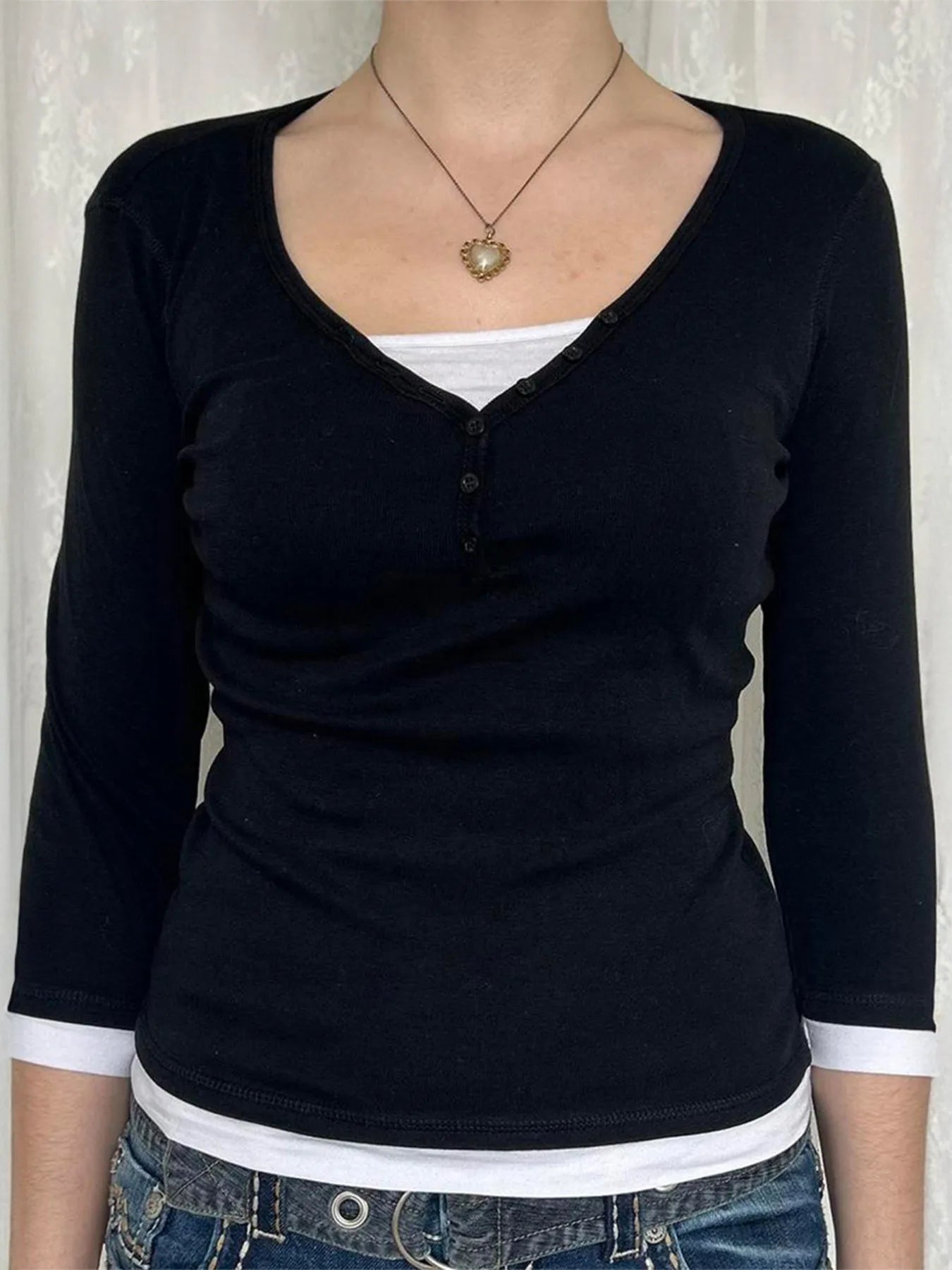 Trendsi Contrast Trim Long Sleeve T-Shirt Black
