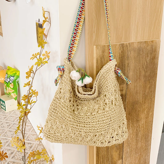 Crochet Colorful Strap Shoulder Bag Beige onesize Easy Apparels