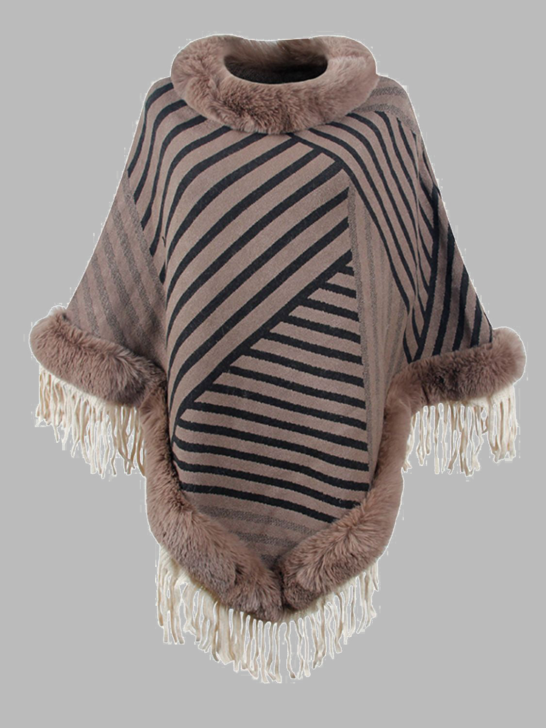 Striped Fringe Hem Poncho Taupe One Size Easy Apparels
