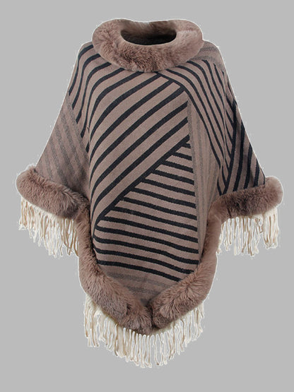 Striped Fringe Hem Poncho Taupe One Size Easy Apparels