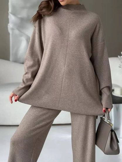 Slit Mock Neck Top and Pants Sweater Set Easy Apparels