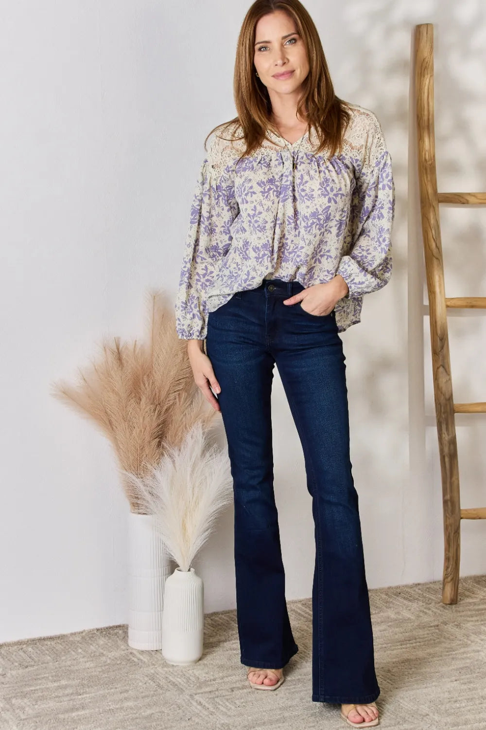 Trendsi Hailey & Co Full Size Lace Detail Printed Blouse