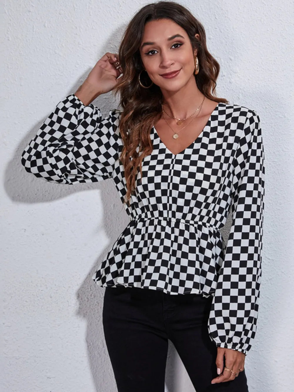 Trendsi Checkered V-Neck Balloon Sleeve Peplum Blouse