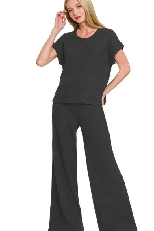Zenana Rolled Sleeve Top and Pants Sweater Set BLACK Easy Apparels