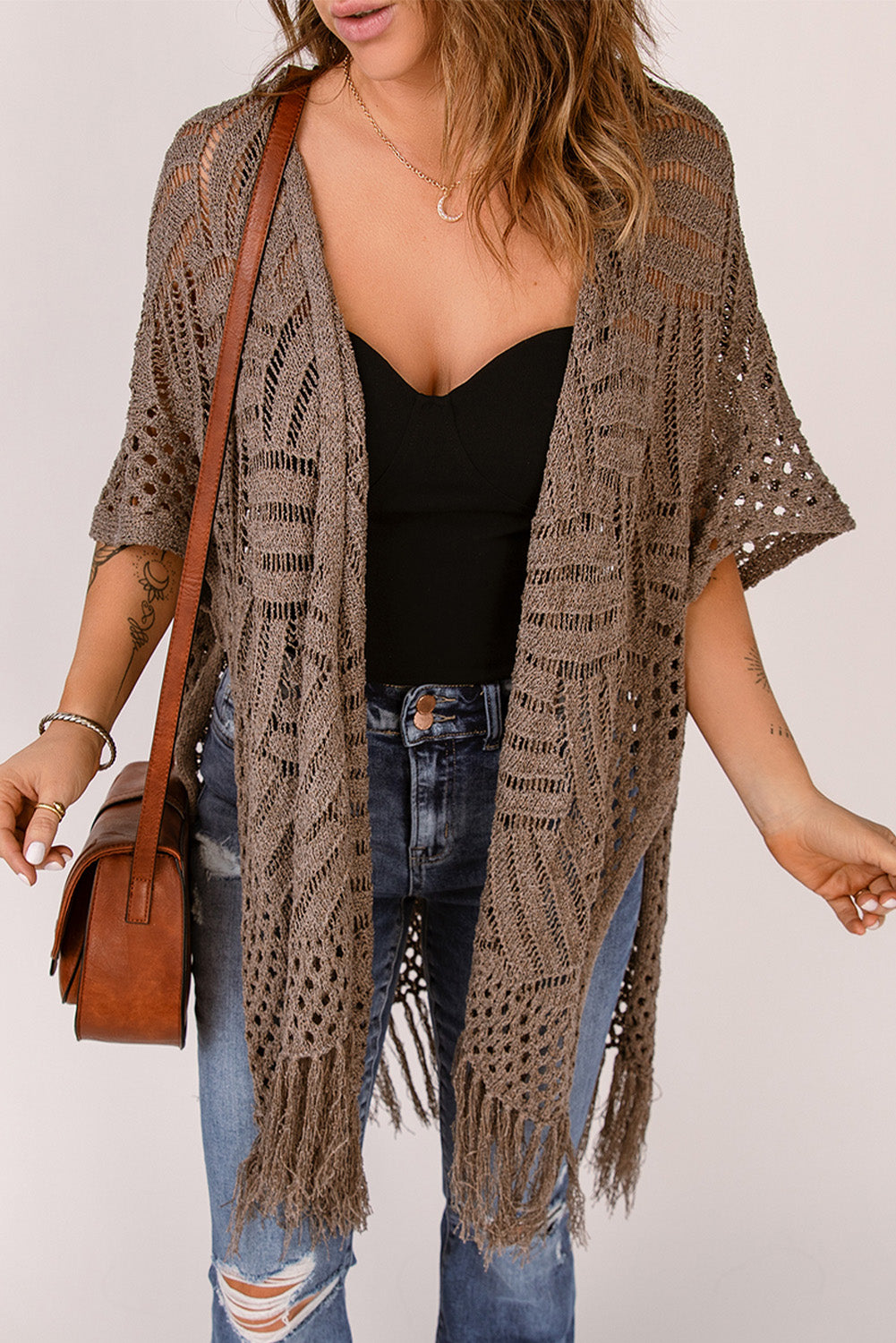 Fringe Hem Slit Open Front Cardigan Easy Apparels