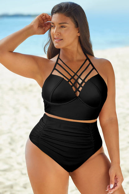 Full Size Halter Neck Crisscross Ruched Two-Piece Swimsuit Black Easy Apparels