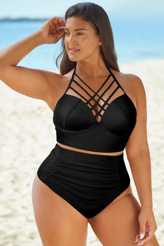 Full Size Halter Neck Crisscross Ruched Two-Piece Swimsuit Black Easy Apparels