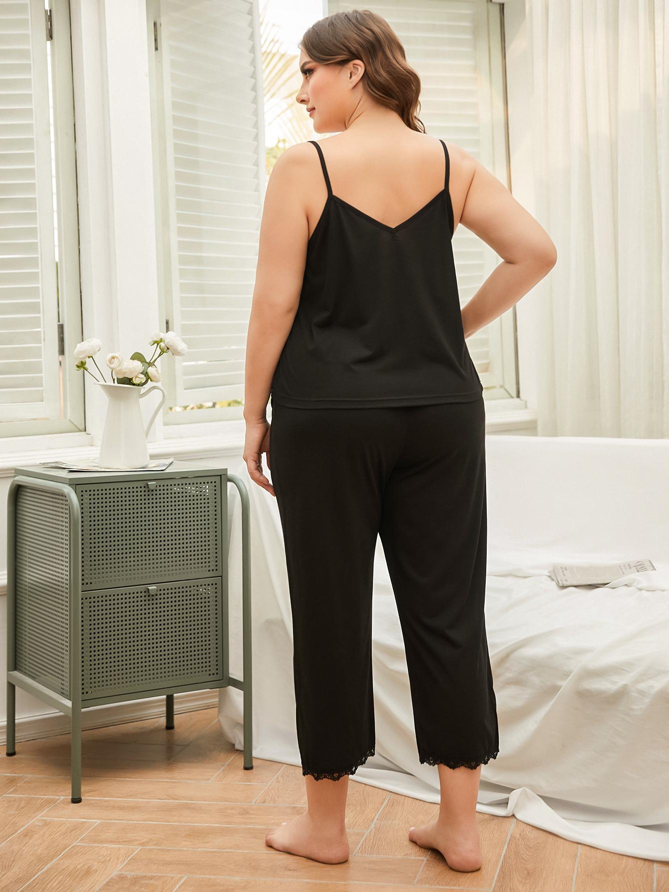 Plus Size Lace Trim Slit Cami and Pants Pajama Set Easy Apparels
