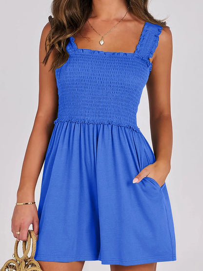 Smocked Square Neck Summer Romper Blue Easy Apparels