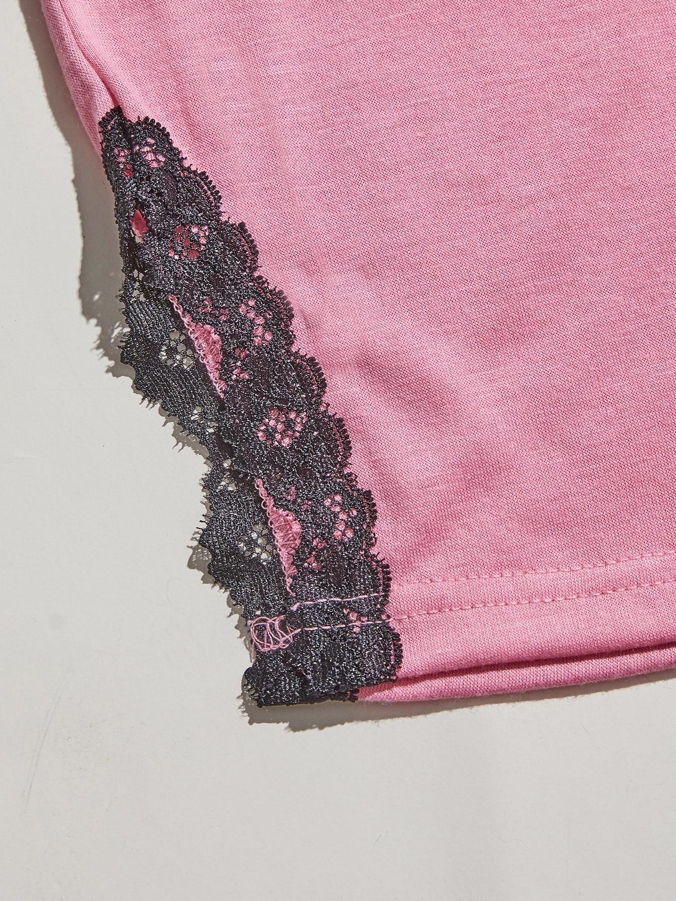 V-Neck Lace Trim Slit Cami and Pants Pajama Set Easy Apparels