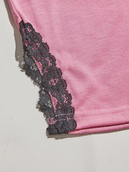 V-Neck Lace Trim Slit Cami and Pants Pajama Set Easy Apparels