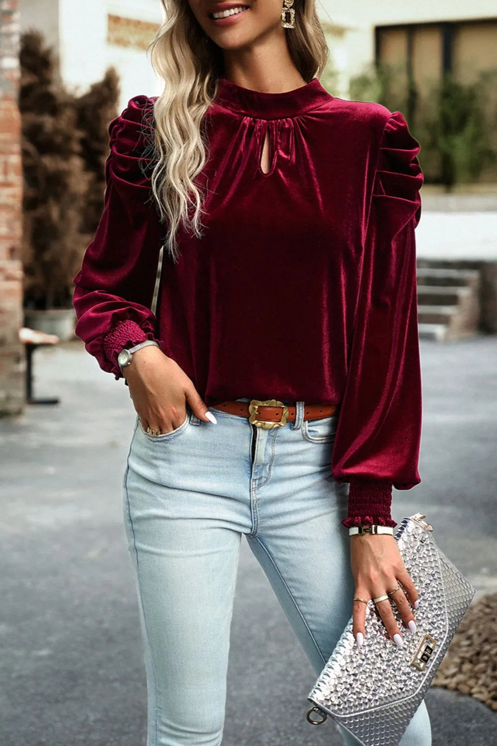 Trendsi Tie Up Mock Neck Velvet Fabric Long Sleeve Blouse