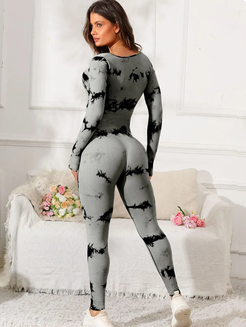 Scoop Neck Long Sleeve Active Jumpsuit Easy Apparels