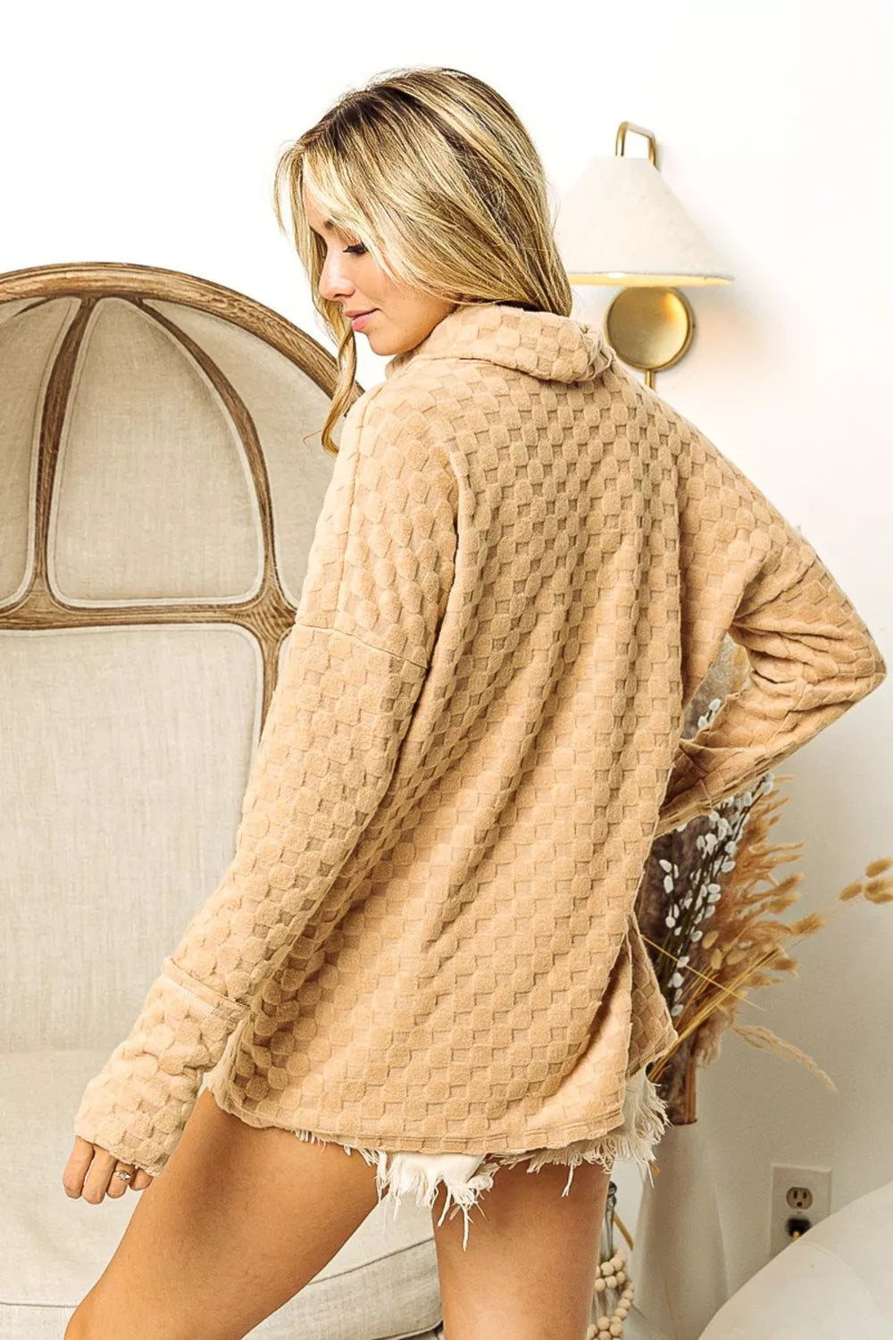 Trendsi BiBi Checkered Round Neck Thumbhole Long Sleeve Top