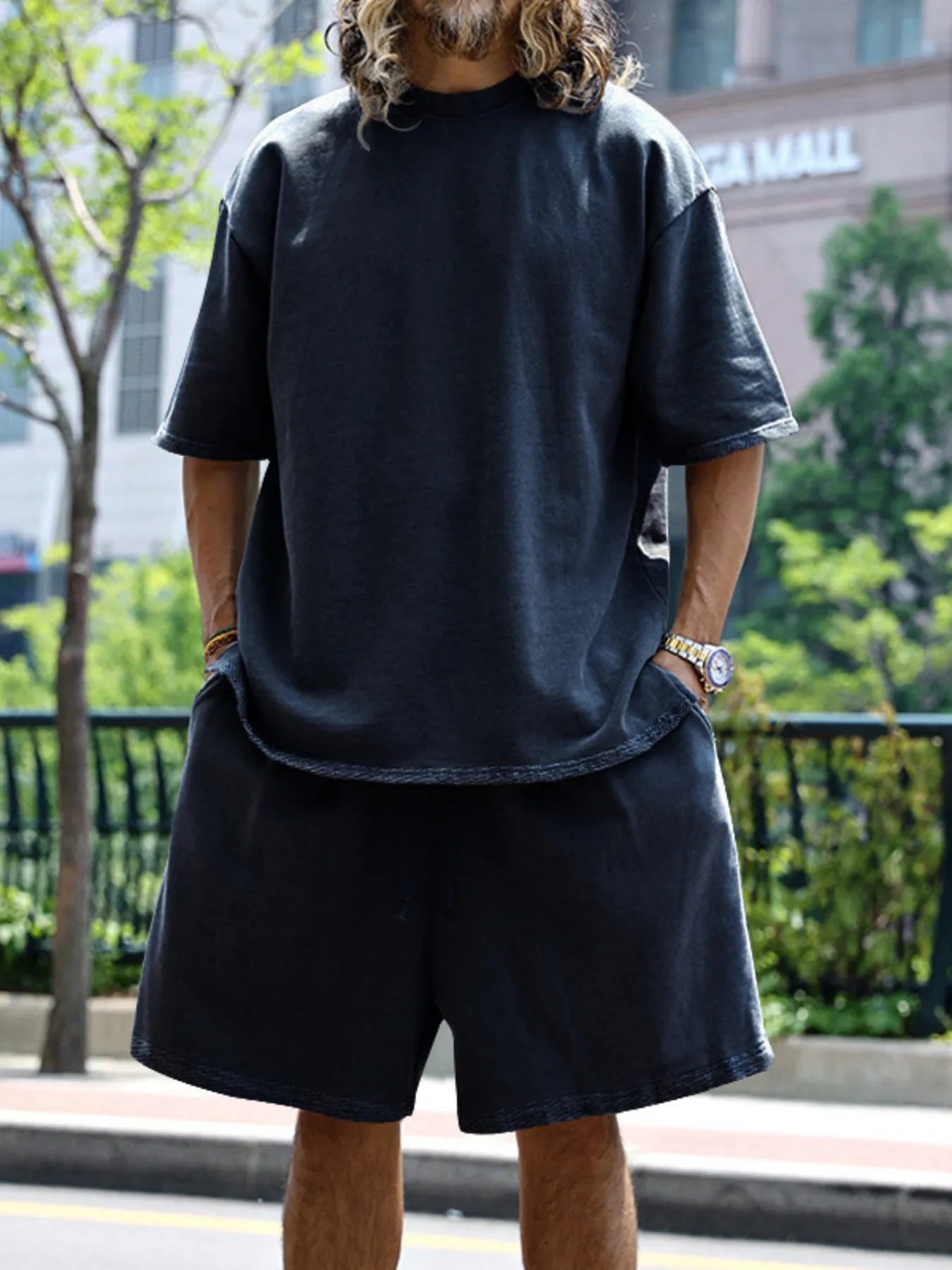 Men's Full Size Round Neck Short Sleeve Top and Shorts Set Plus Size Navy Blue Easy Apparels