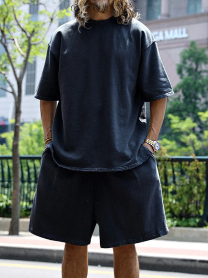 Men's Full Size Round Neck Short Sleeve Top and Shorts Set Plus Size Navy Blue Easy Apparels