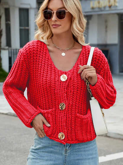 Round Neck Button Up Cardigan with Pockets Orange-Red Easy Apparels