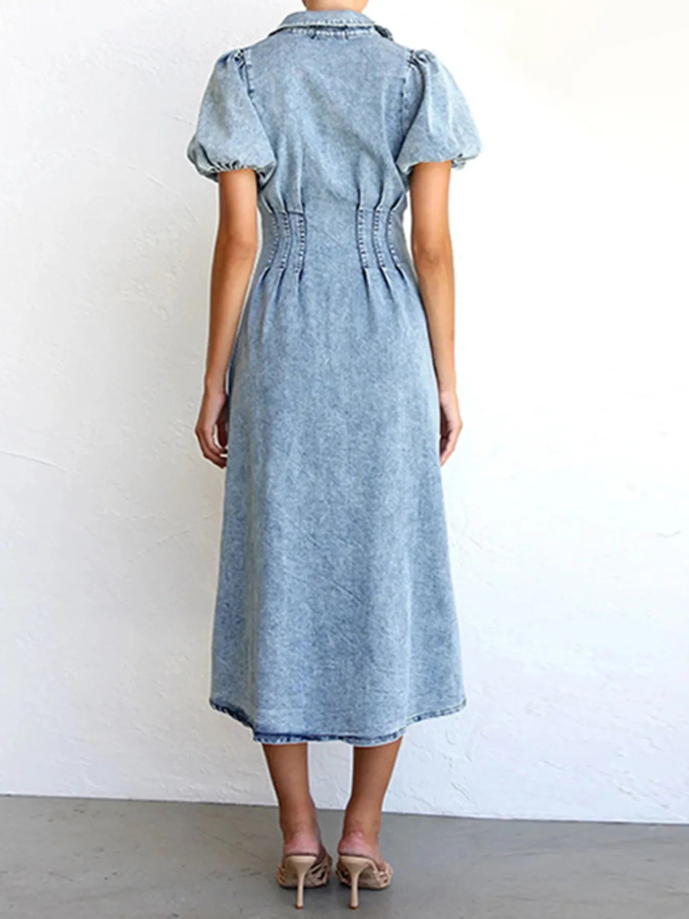 Puff Sleeve Button Front Denim Midi Dress Easy Apparels