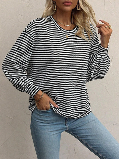 Trendsi Striped Round Neck Lantern Sleeve Top