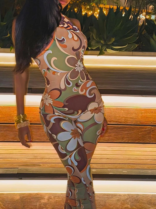 Tropical Print Halter Neck Bodycon Jumpsuit Khaki Easy Apparels