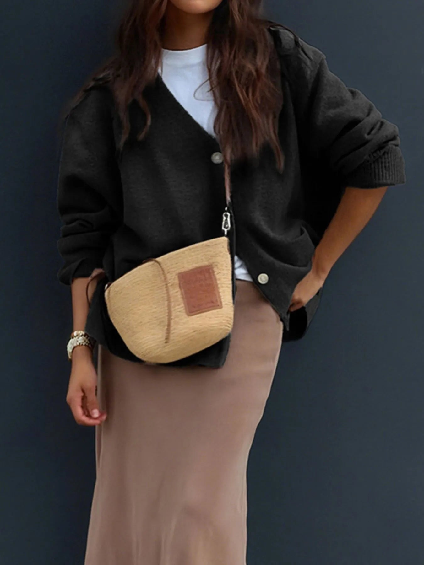 Button-Front Long Sleeve Cardigan Black Easy Apparels