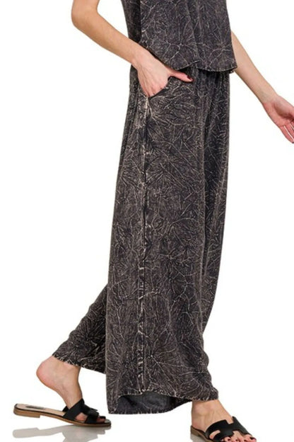 Zenana Woven Acid Crinkle Washed Cami & Pants 2 Piece Set Easy Apparels