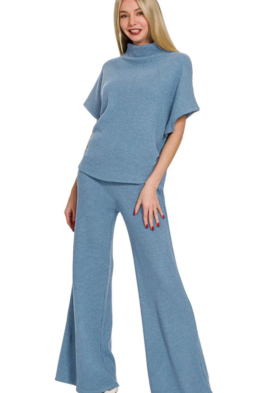 Zenana Sweater Mock Neck Top & Long Pants Set DUSTY BLUE Easy Apparels