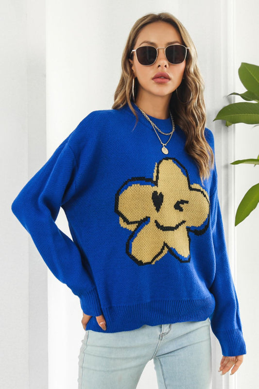 Flower Graphic Drop Shoulder Sweater Easy Apparels