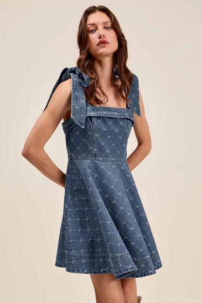 SO ME A Line Fit and Flare Diamond Bow Ribbon Denim Dres Easy Apparels