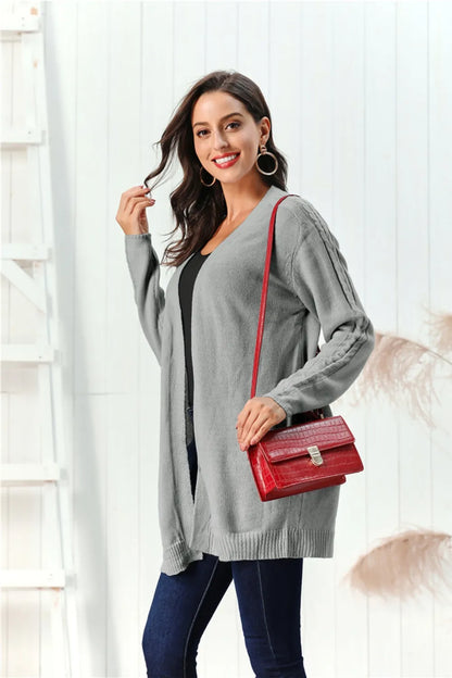 Cable-Knit Open Front Long Sleeve Cardigan Gray Easy Apparels