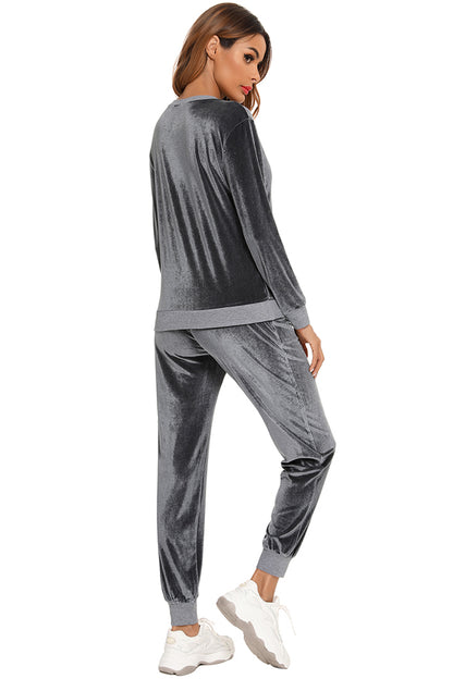 Round Neck Long Sleeve Loungewear Set with Pockets Easy Apparels