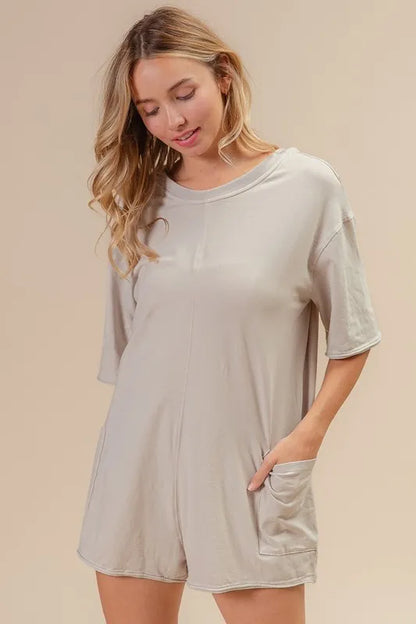 BiBi Short Sleeve Back Open Washed Romper Easy Apparels