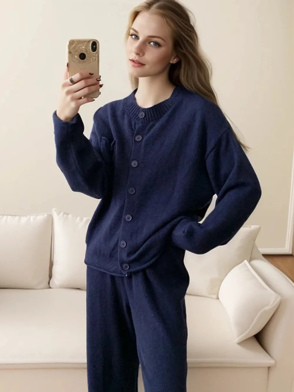 Pocketed Round Neck Button Up Cardigan and Pants Sweater Set Dark Blue One Size Easy Apparels
