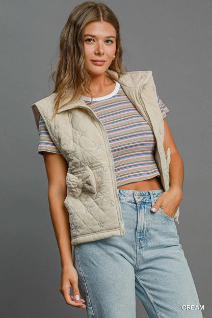 Umgee Sleeveless Quilted Vest with Bow Details Easy Apparels