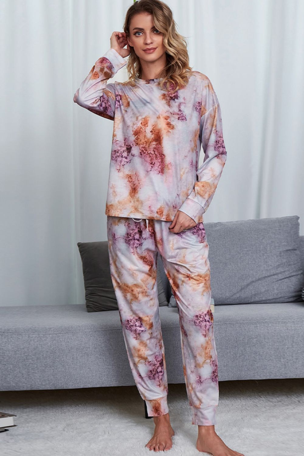 Shiny Tie-Dye Crewneck Top and Drawstring Waist Joggers Lounge Set Lavender Easy Apparels